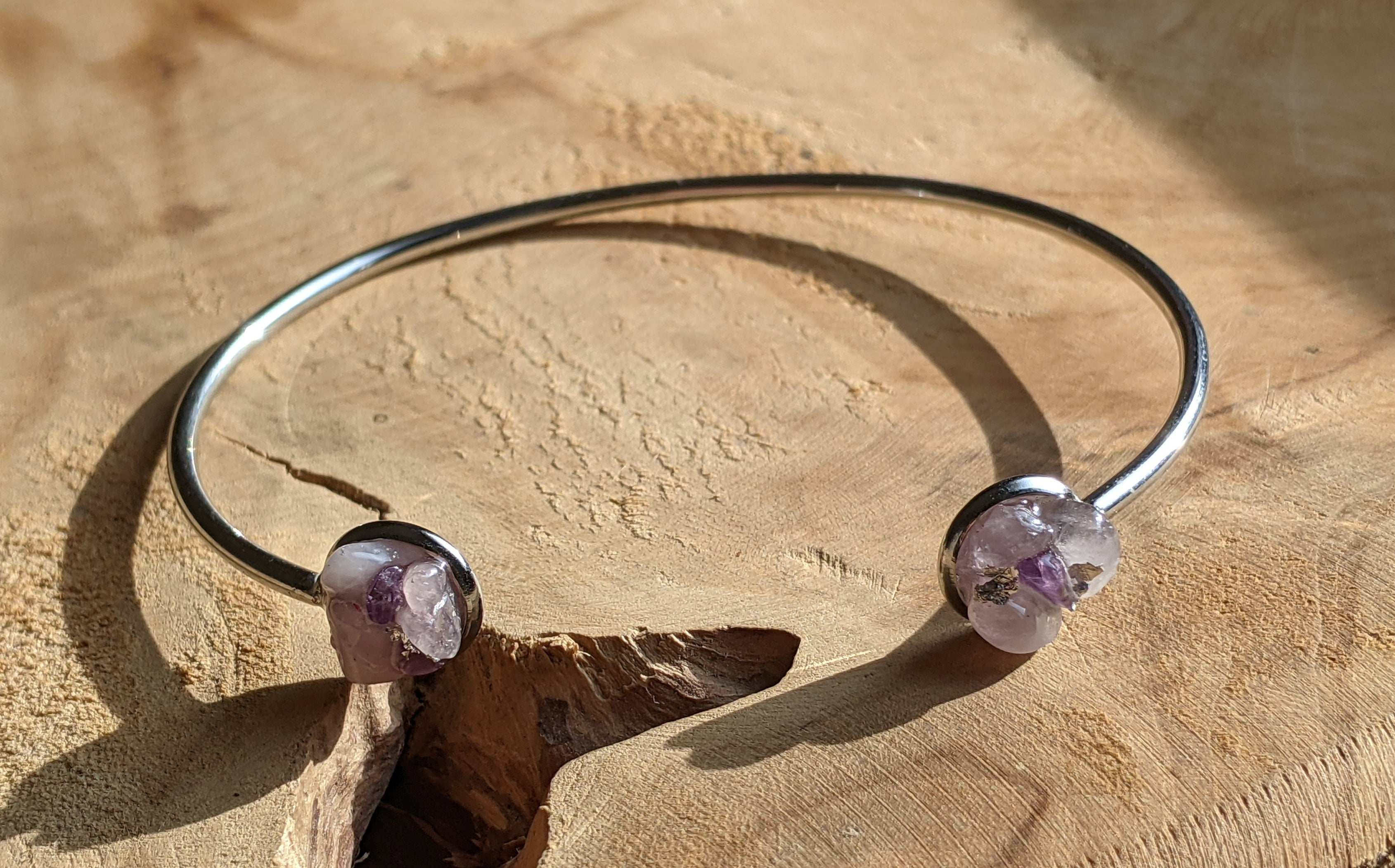 Bracelet manchette en quartz rose et améthyste