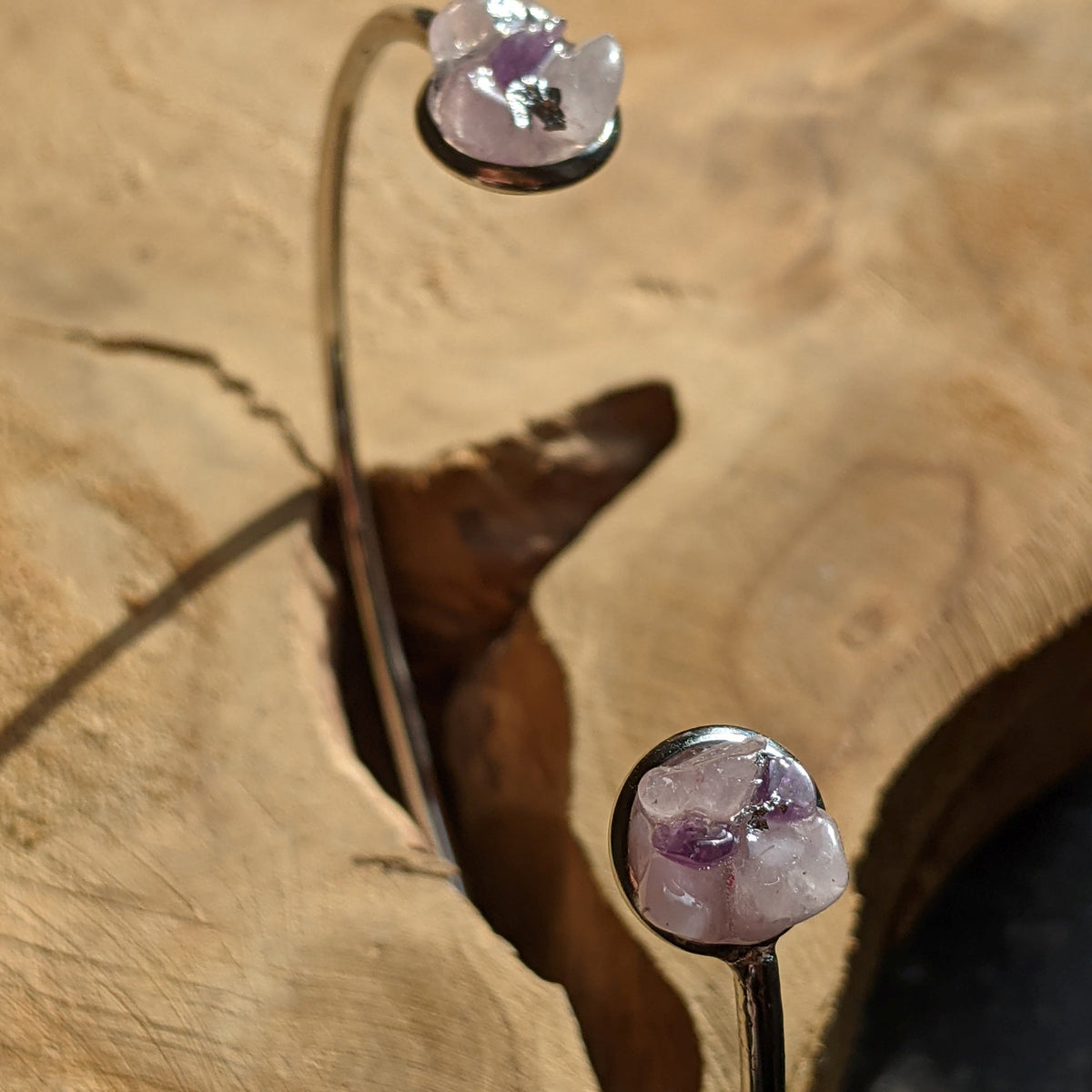 Handmade open cuff bracelet with rose quartz and amethyst – EL-Creations
