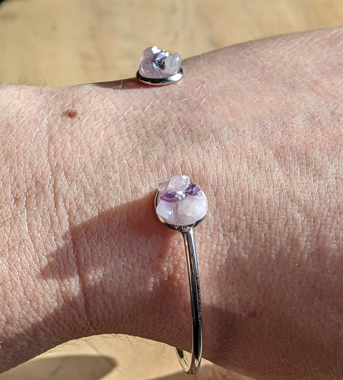 Artisan gemstone cuff bracelet with natural rose quartz and amethyst – EL-Creations
