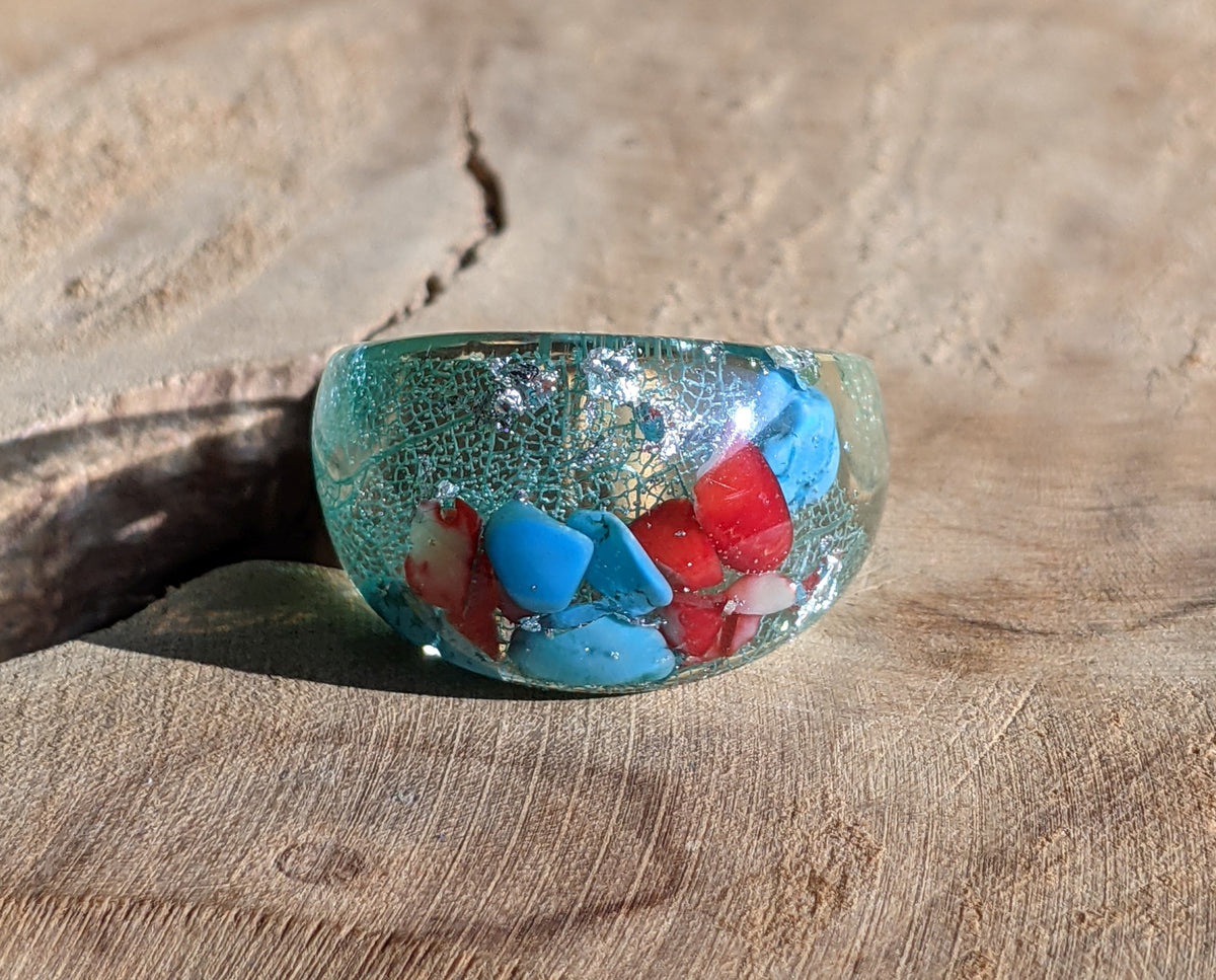 Botanical resin ring featuring natural turquoise red coral and real skeleton leaf by EL-Creations