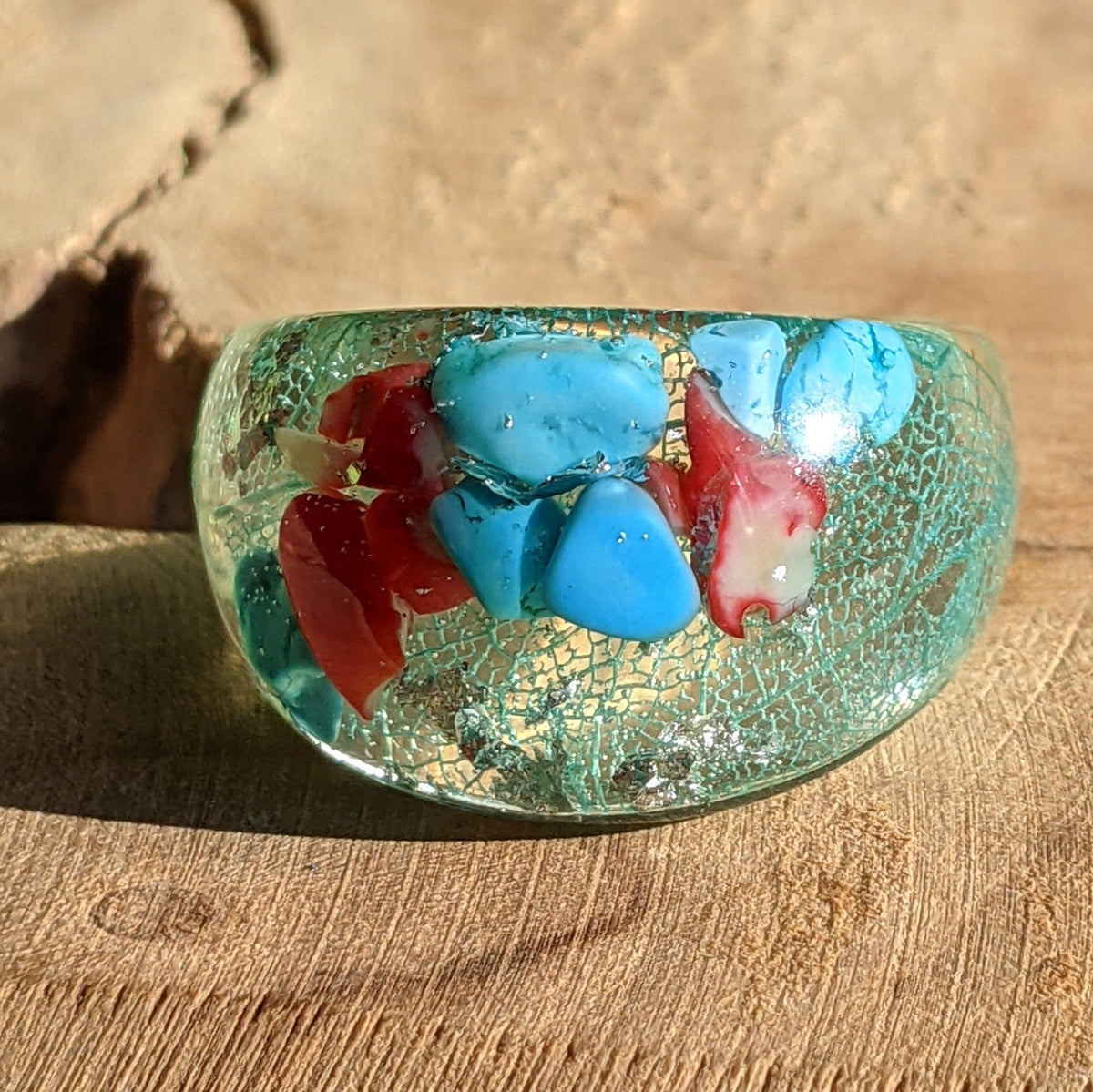 Turquoise resin ring with red coral skeleton leaf and silver flakes by EL-Creations