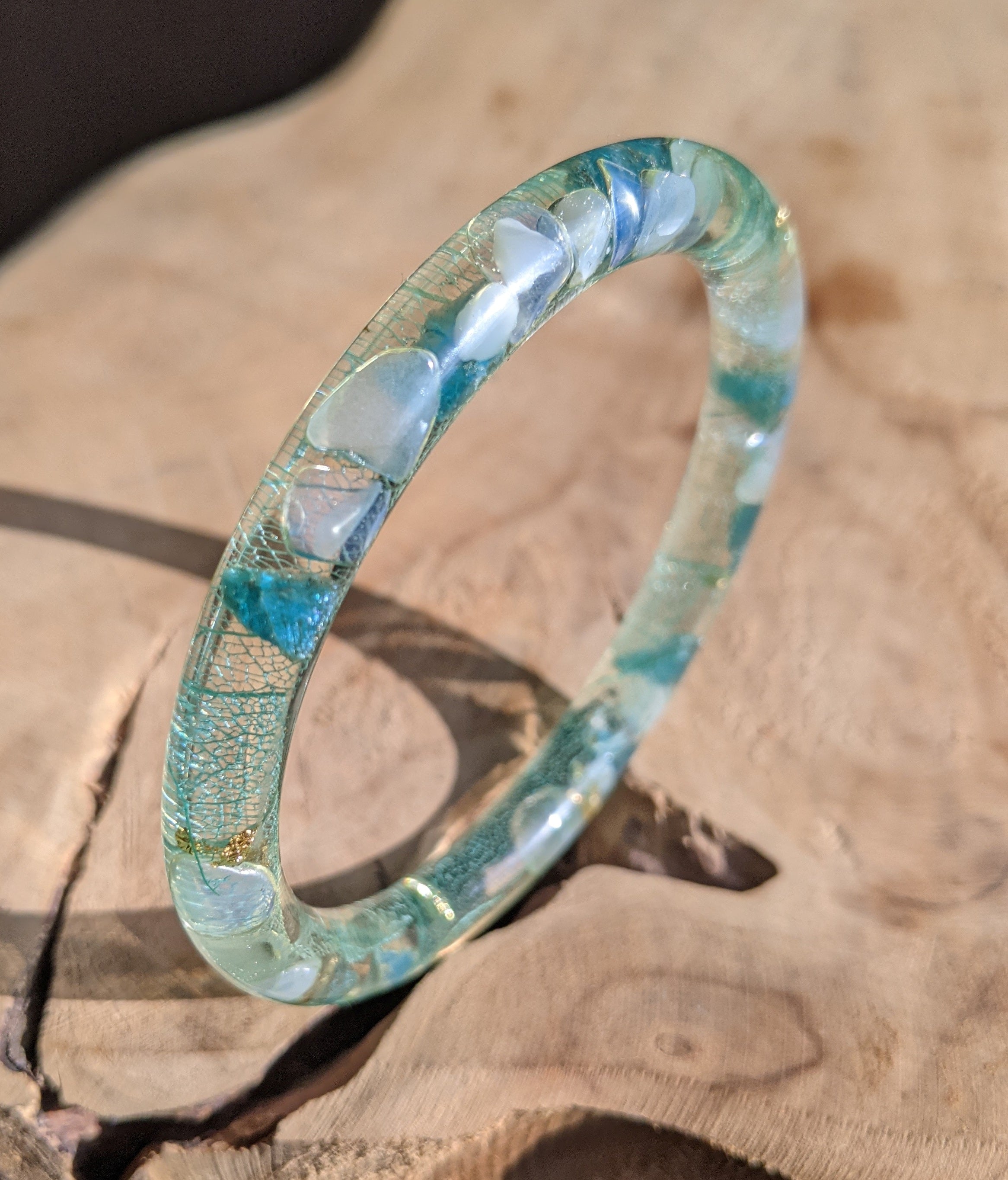 Aquamarine and Tourmaline bangle bracelet, Blue stone and skeleton leaves in resin bracelet