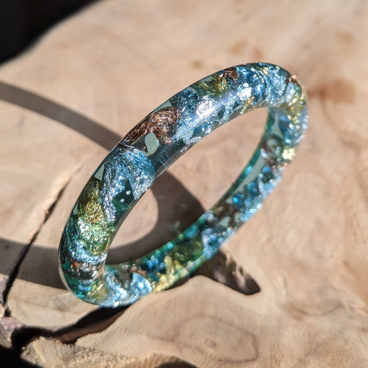 Midnight blue artisan bangle with gold silver and copper flakes – EL-Creations