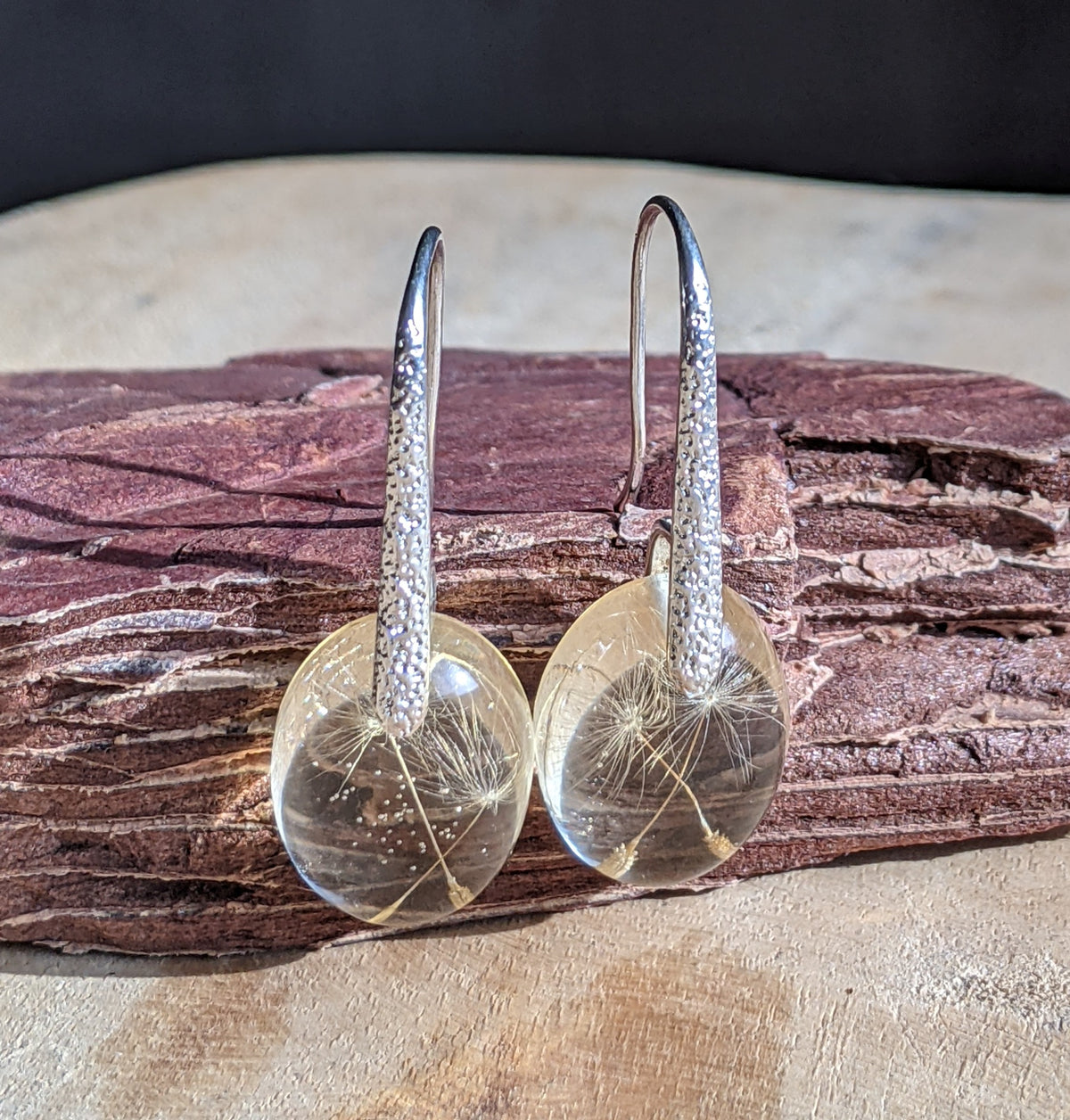 Real dandelion seed oval resin earrings with sterling silver hooks, EL Creations Belgium