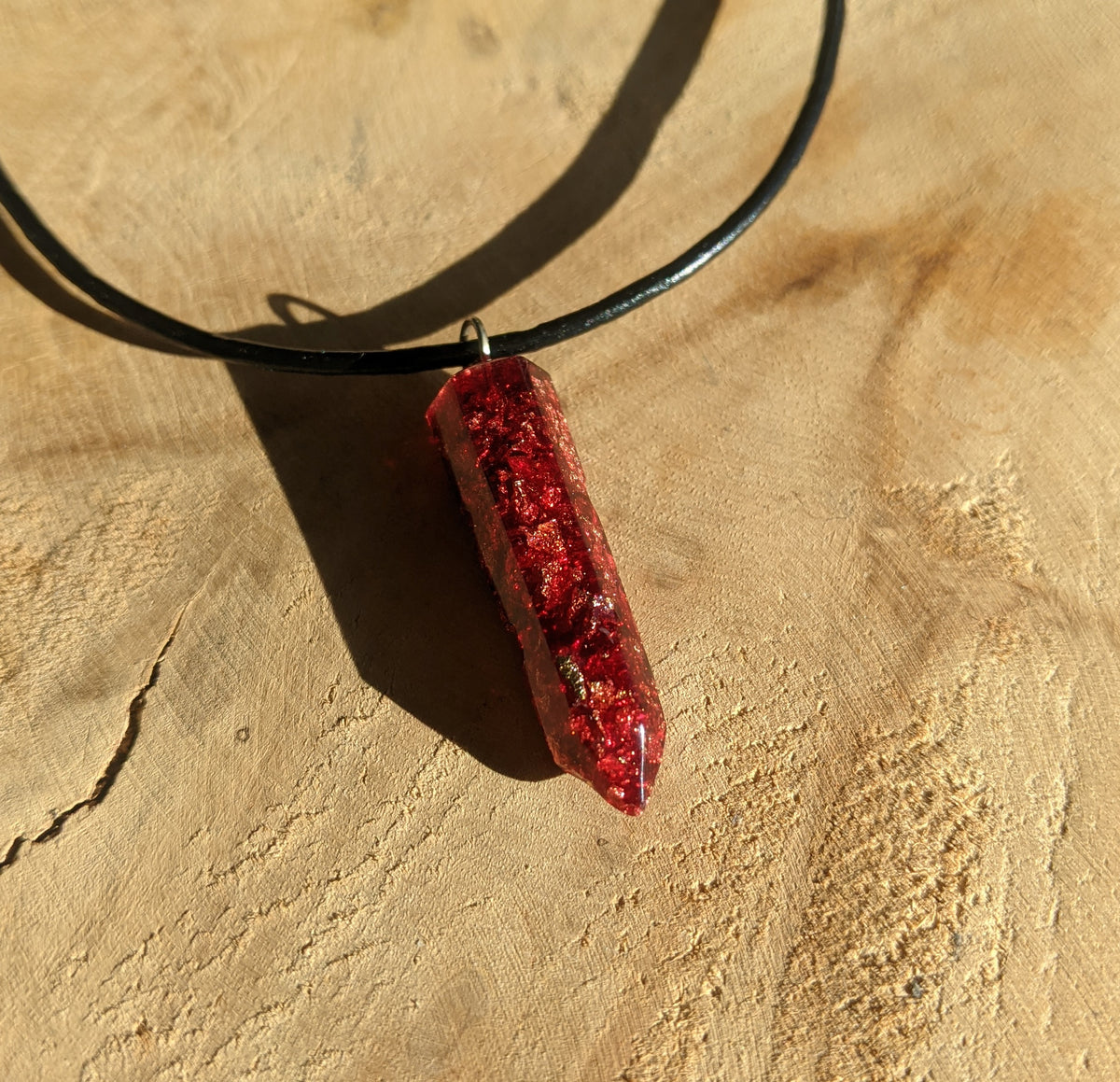 Handmade red resin pendant with gold copper silver flakes and adjustable cord EL-Creations