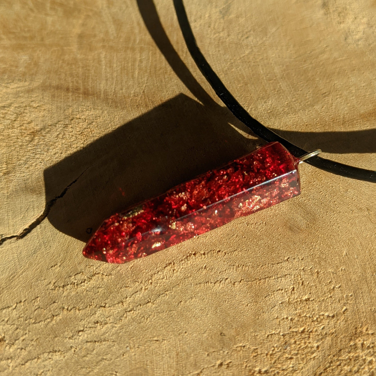 Red crystal point resin necklace with metallic flakes handmade jewelry EL-Creations