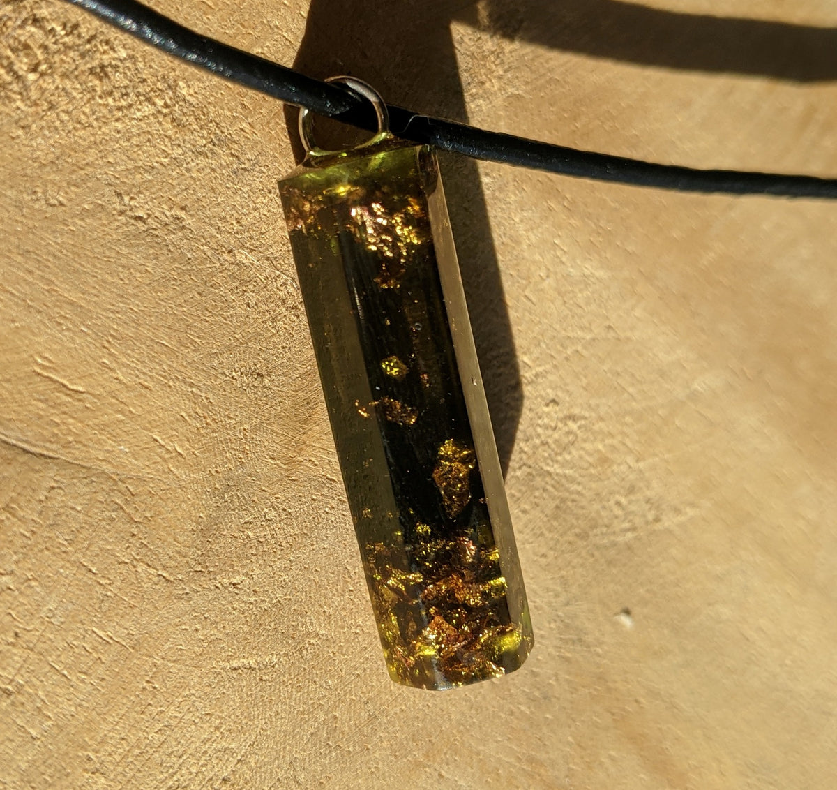 Handmade green resin pendant with copper metallic flakes and adjustable cord EL-Creations