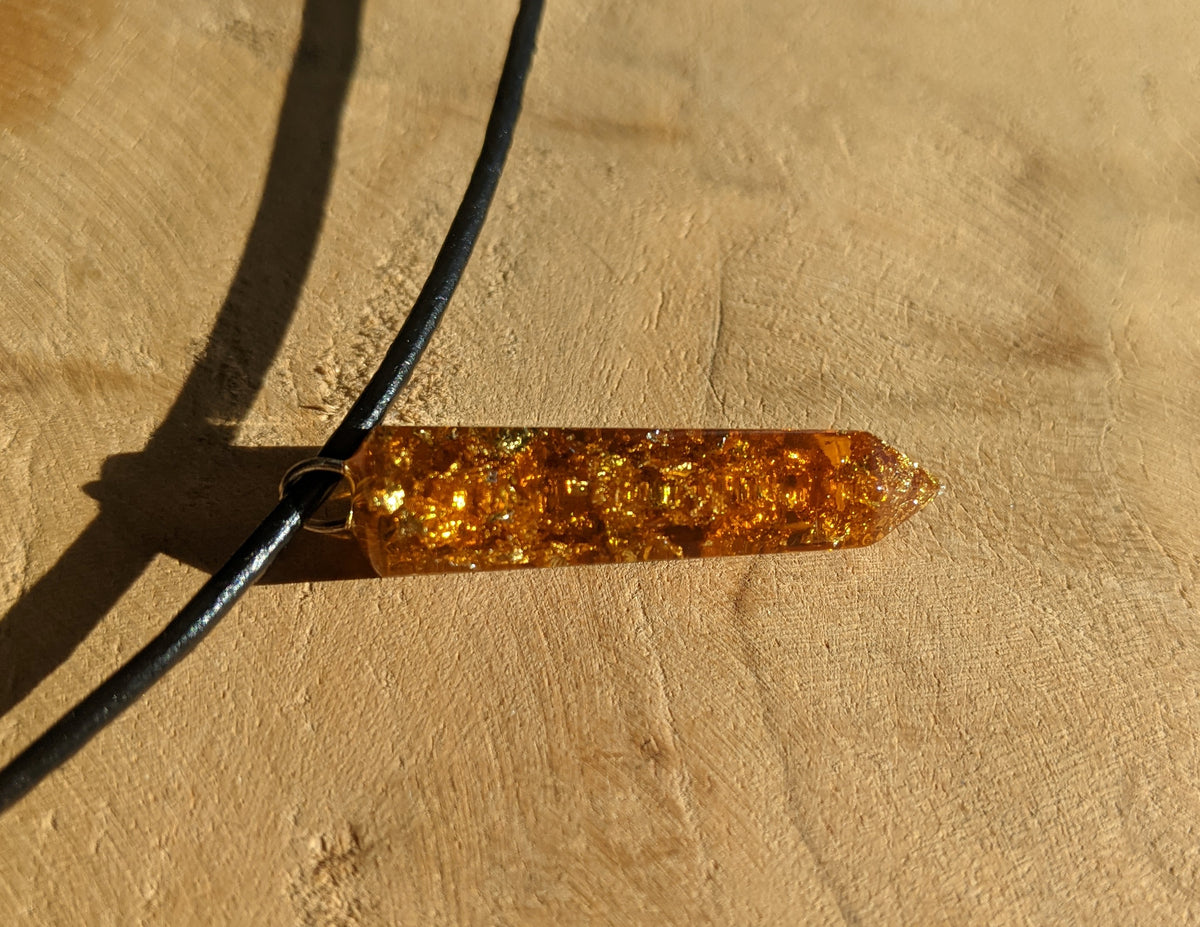 Handmade amber resin crystal pendant with adjustable black textile cord EL-Creations