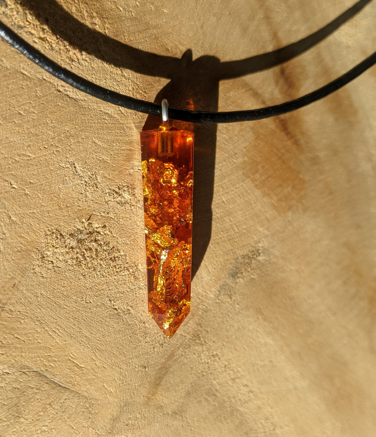 Warm amber crystal point necklace with shimmering gold flakes EL-Creations