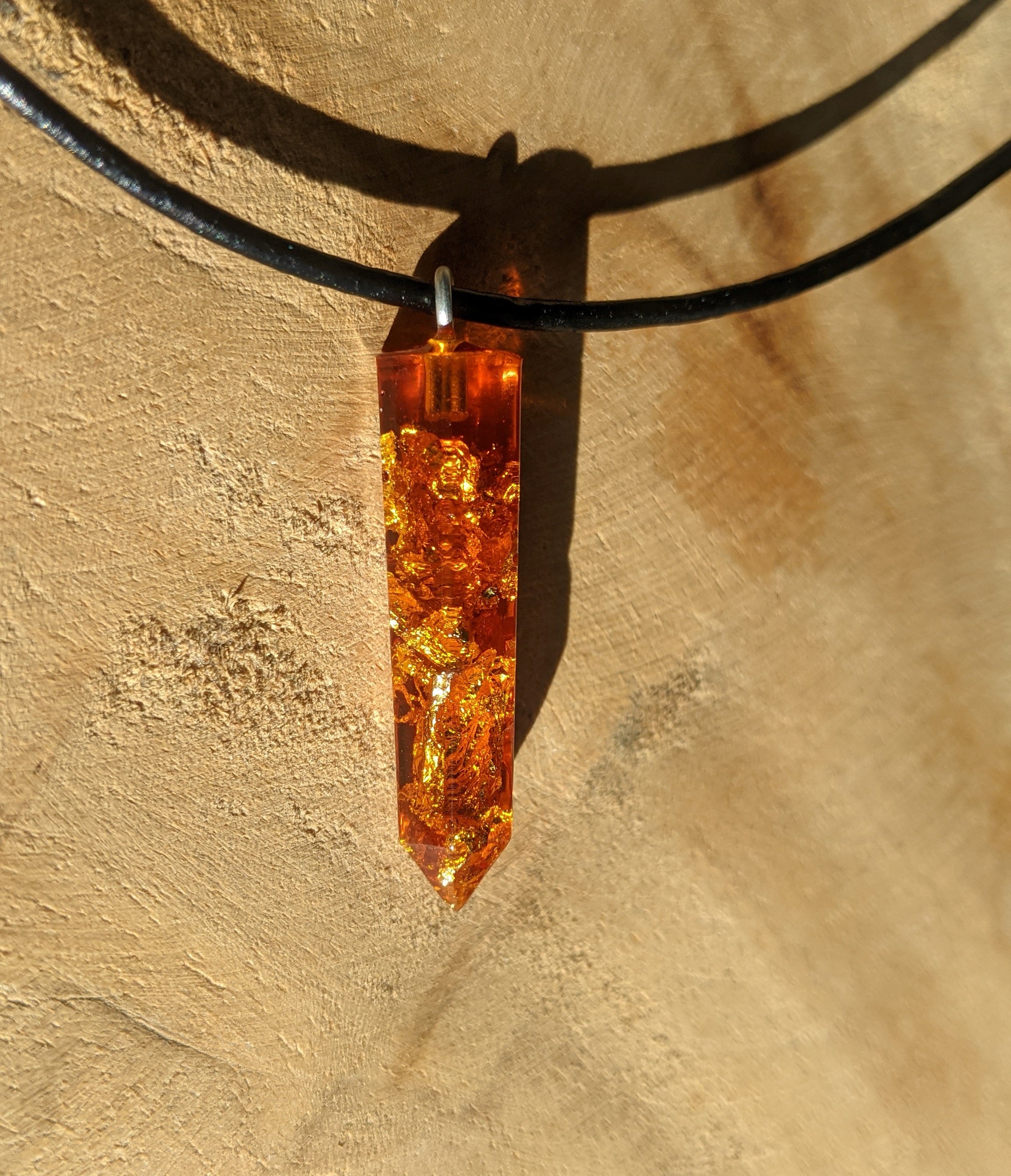 Amber Crystal Point Resin Necklace with Gold Flakes and Adjustable Textile Cord