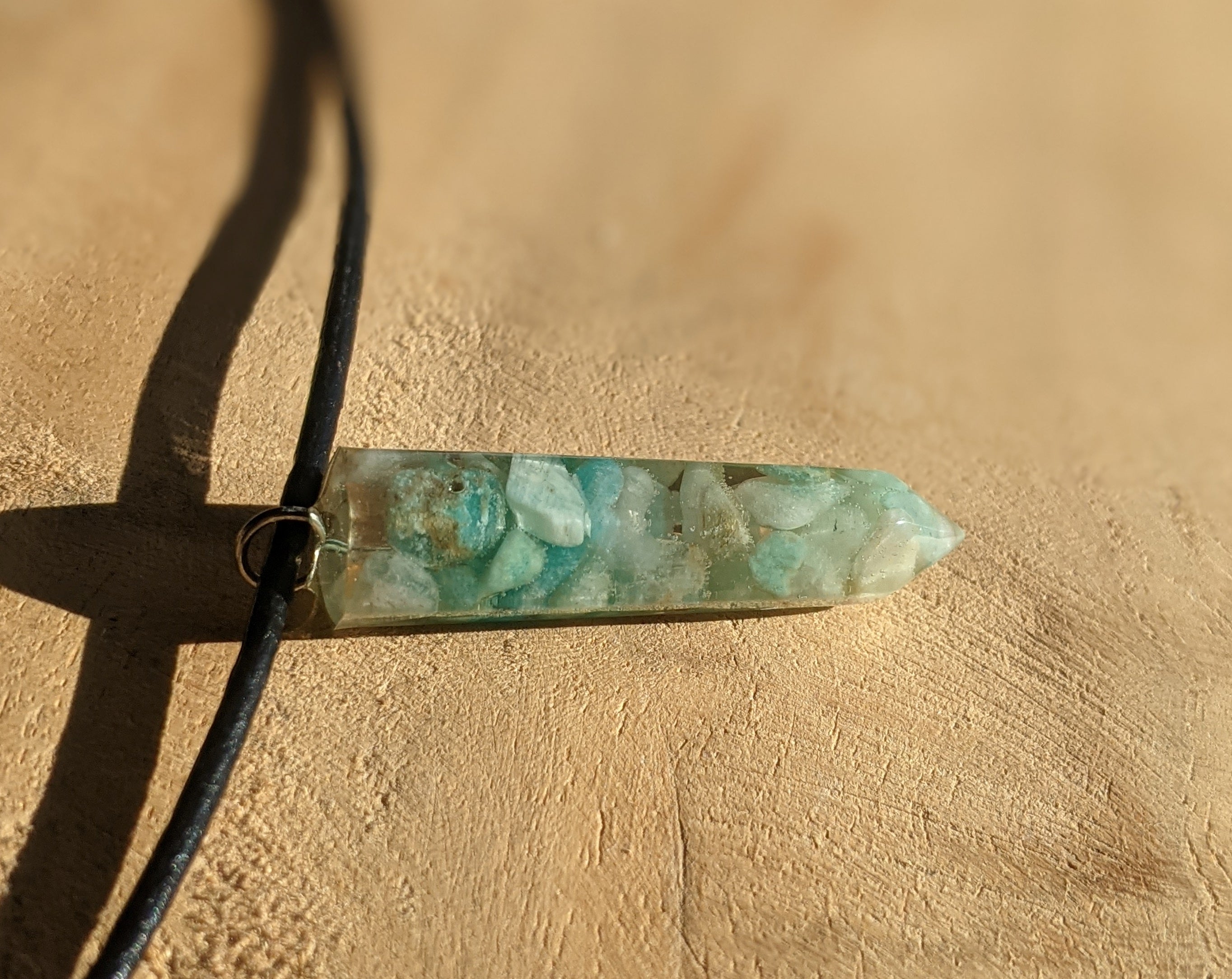 Amazonite Crystal Point Resin Necklace with Natural Stones and Adjustable Textile Cord