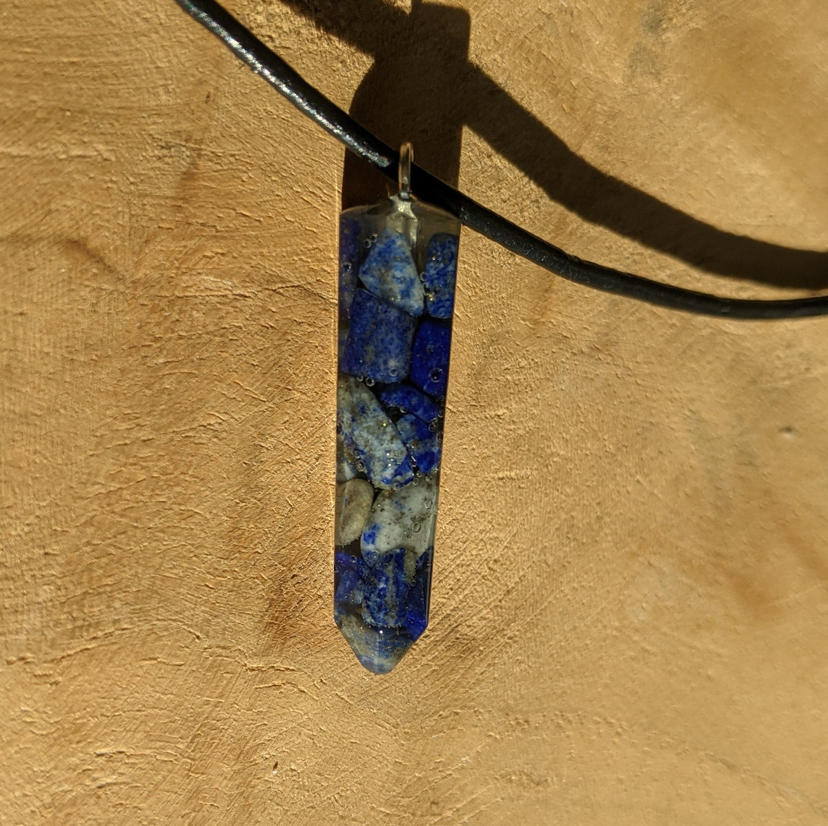 Handmade blue gemstone resin pendant necklace with adjustable textile cord EL-Creations