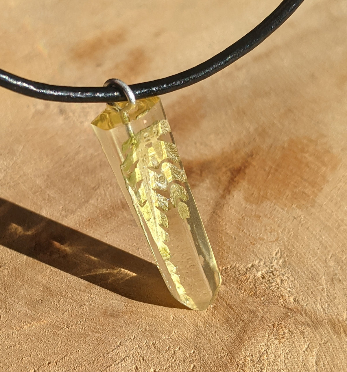 Botanical resin necklace with pressed fern leaves and black leather cord EL-Creations