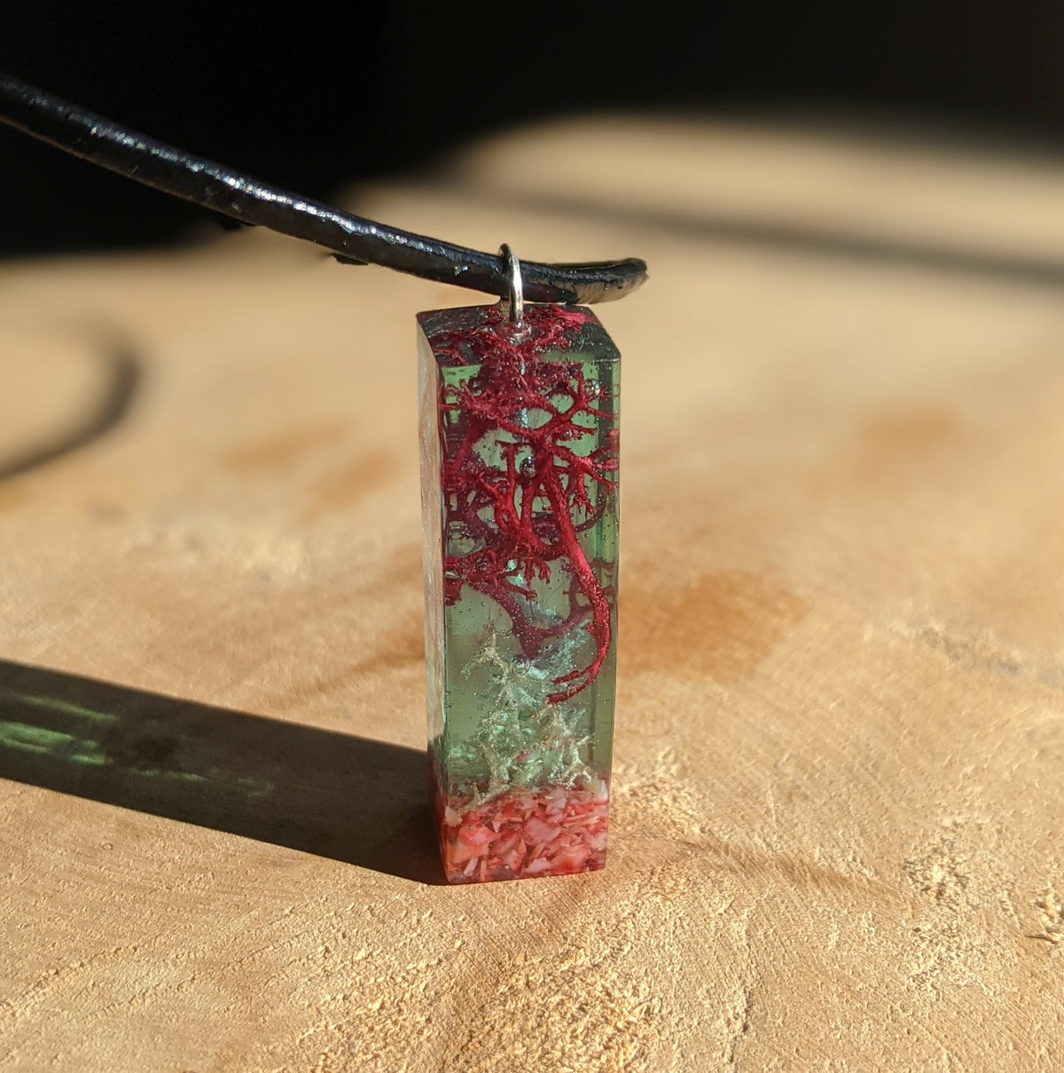 Handmade rectangle resin pendant with natural red coral and green moss EL-Creations