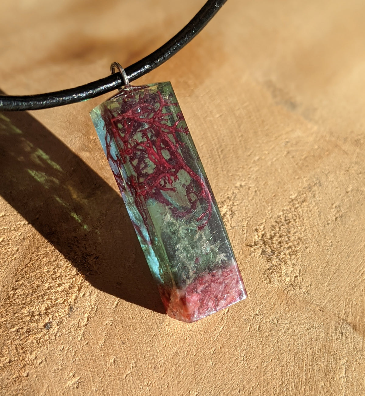 Nature inspired rectangle resin necklace with adjustable black textile cord EL-Creations