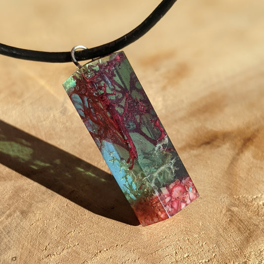 Red coral and moss rectangle resin necklace with adjustable textile cord by EL-Creations