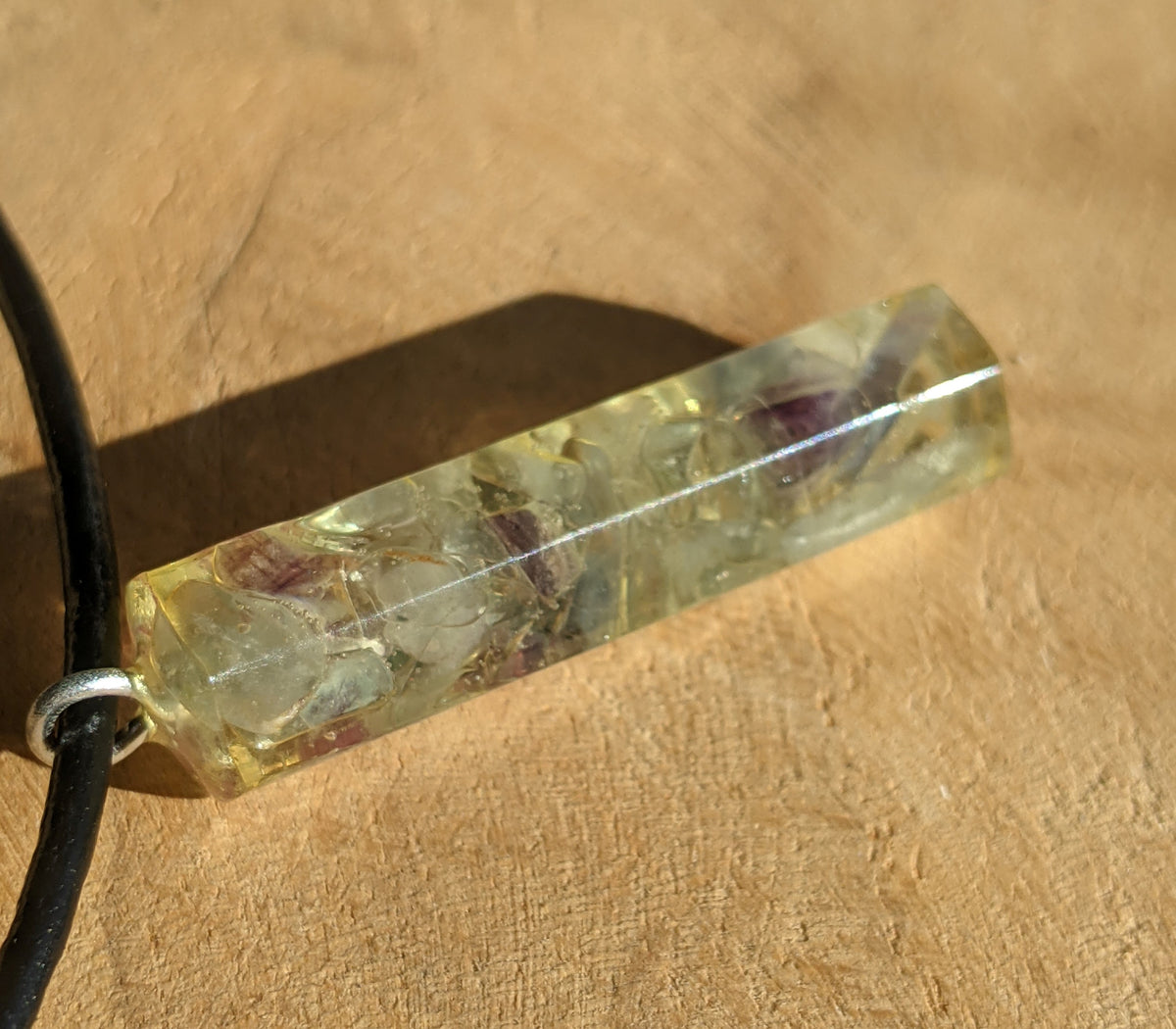 Natural fluorite resin necklace with adjustable textile cord EL-Creations