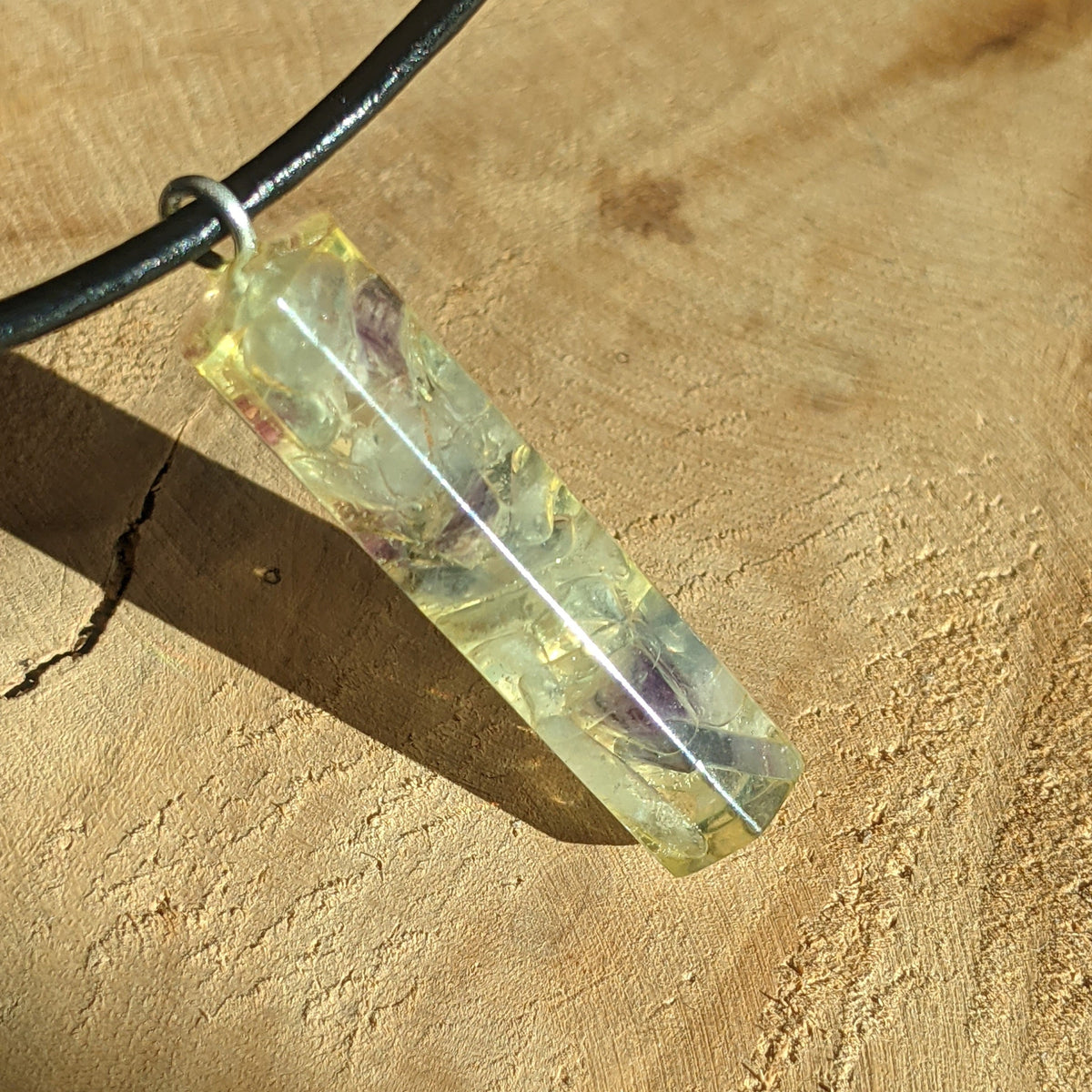 Fluorite rectangle resin necklace with adjustable black textile cord by EL-Creations