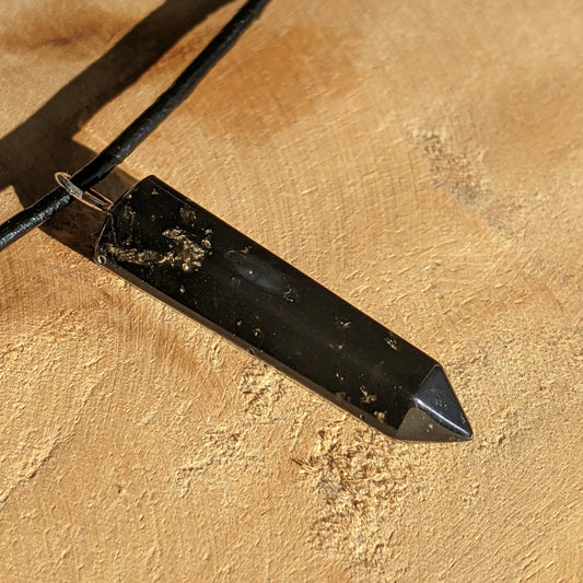 Black crystal point resin necklace with gold flakes and adjustable leather cord by EL-Creations