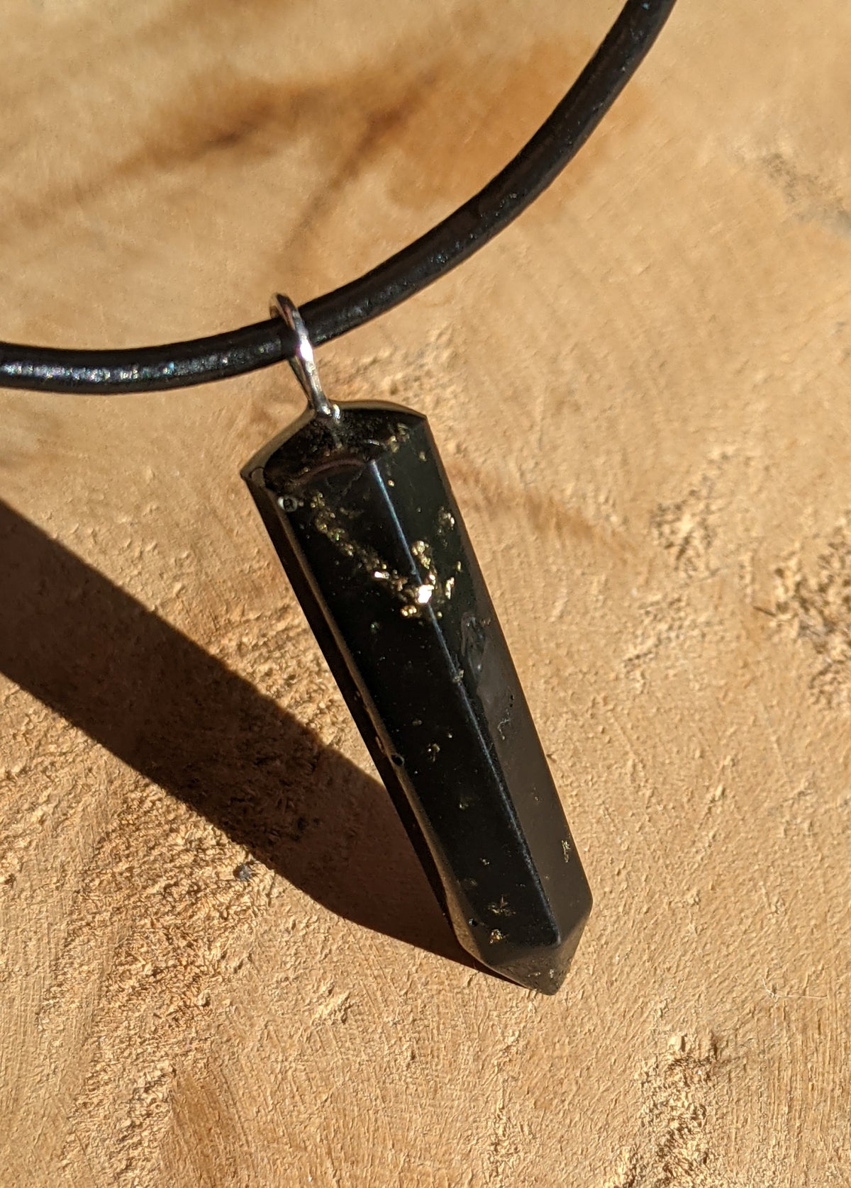 Unisex black crystal point pendant in resin on adjustable leather cord EL-Creations