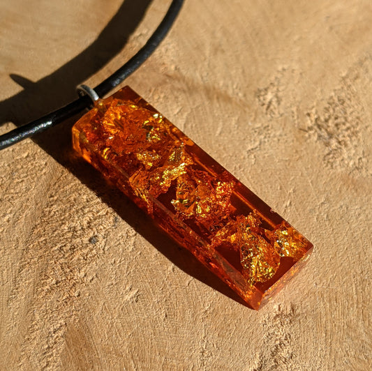 Amber rectangle resin necklace with gold and copper flakes handmade jewelry EL-Creations