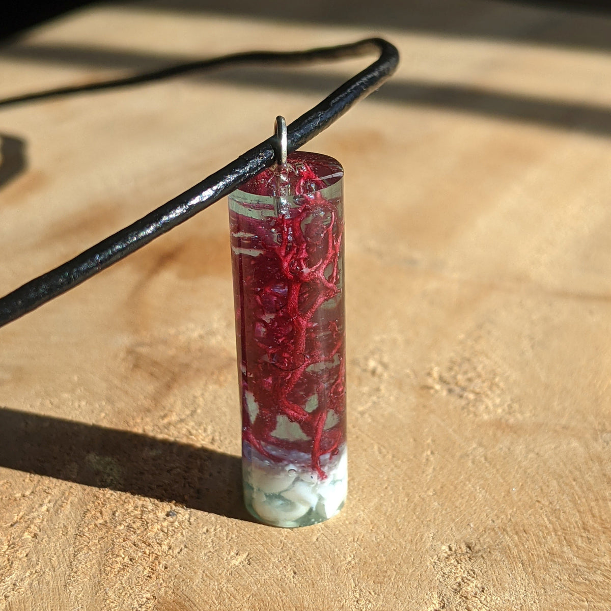 Moss and white stone cylinder resin necklace with teal green resin handmade jewelry EL-Creations