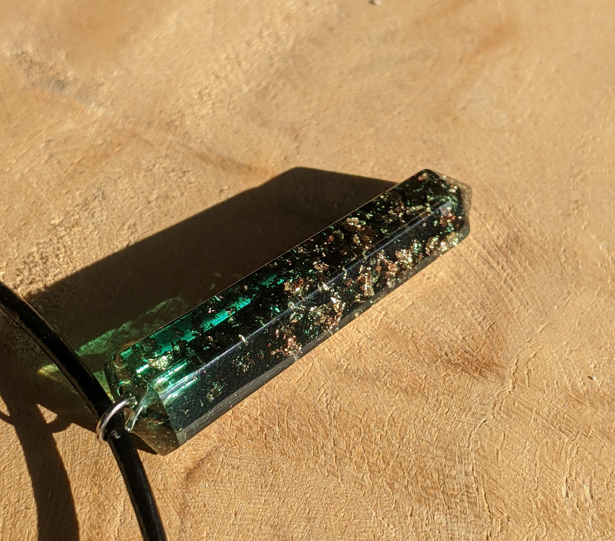 Large green resin crystal pendant with adjustable black textile cord EL-Creations