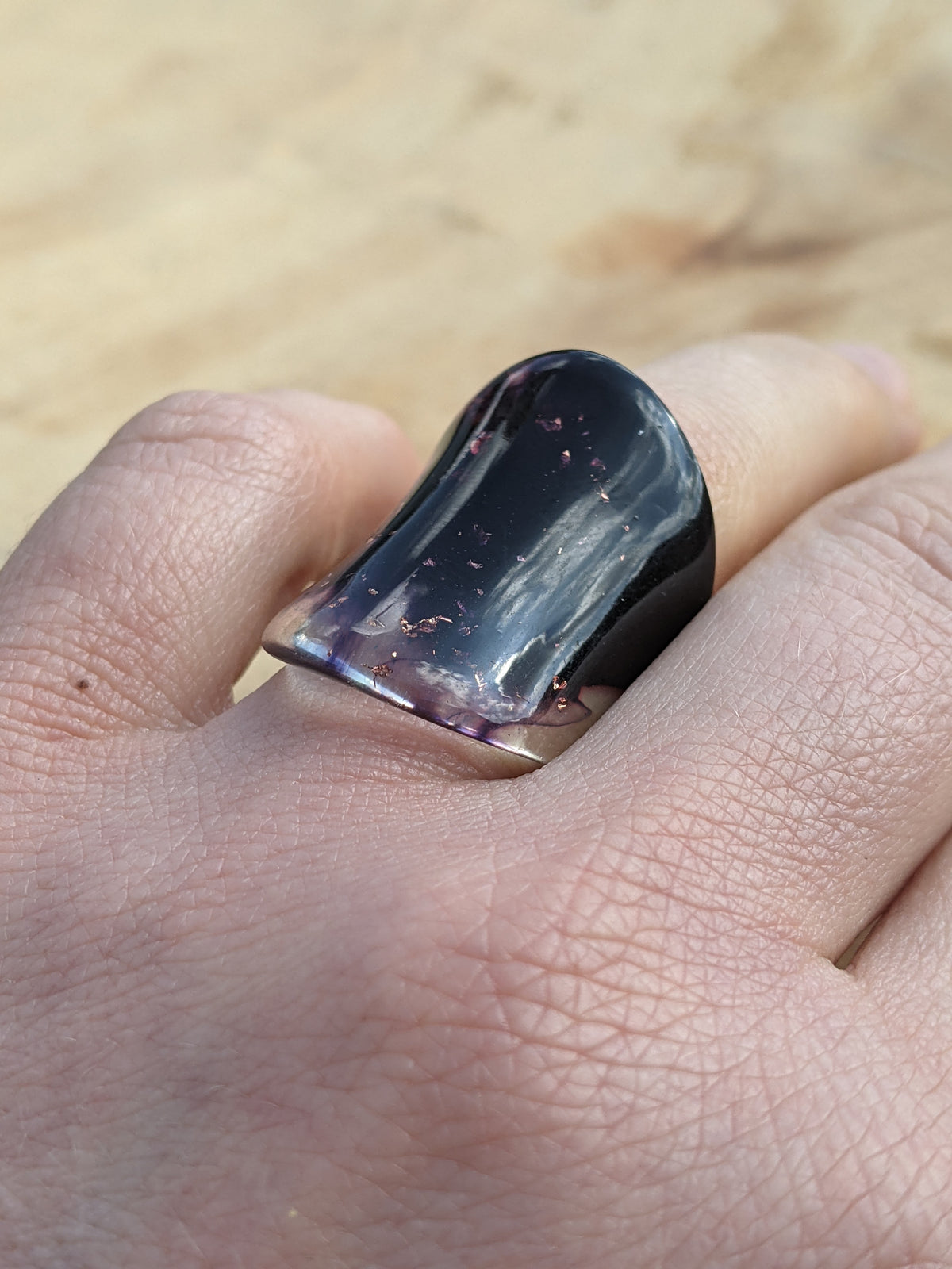 Contemporary purple resin statement ring with metallic copper accents by EL-Creations