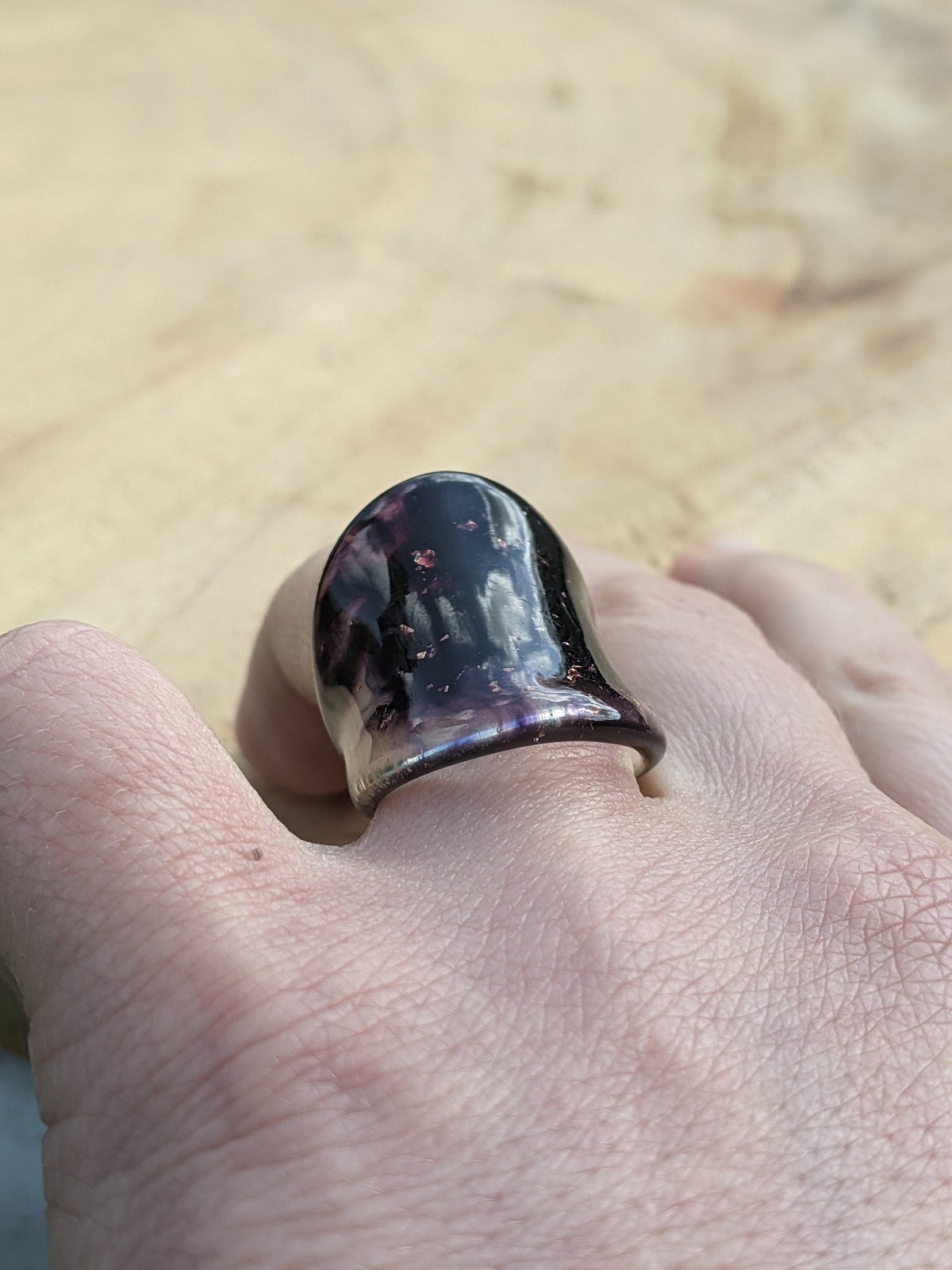 Violet resin ring featuring shimmering copper flakes by EL-Creations