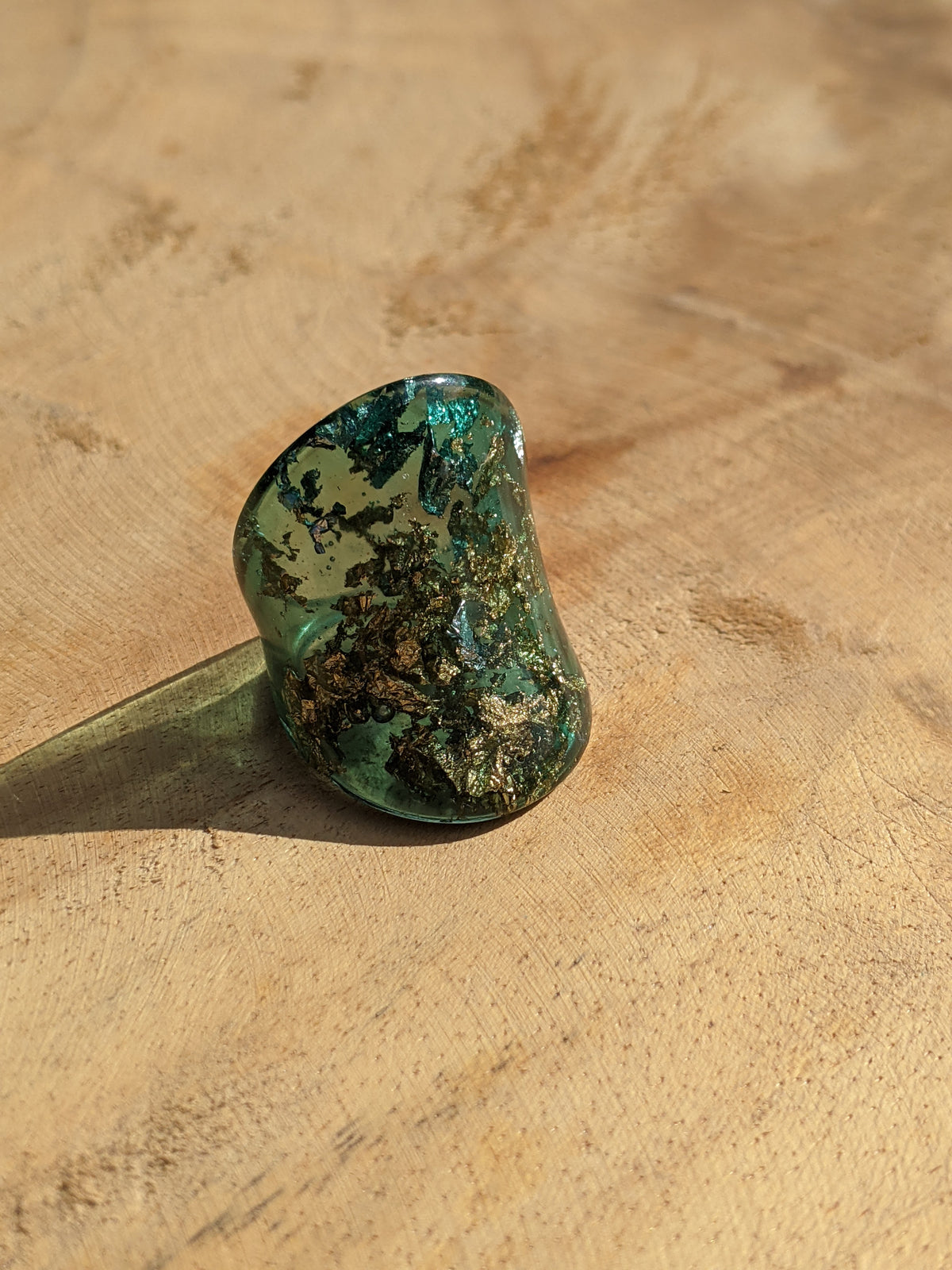 Artistic green resin ring with gold and silver accents by EL-Creations