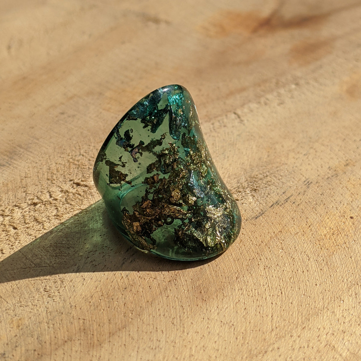 Modern green resin ring with shimmering metallic flakes by EL-Creations