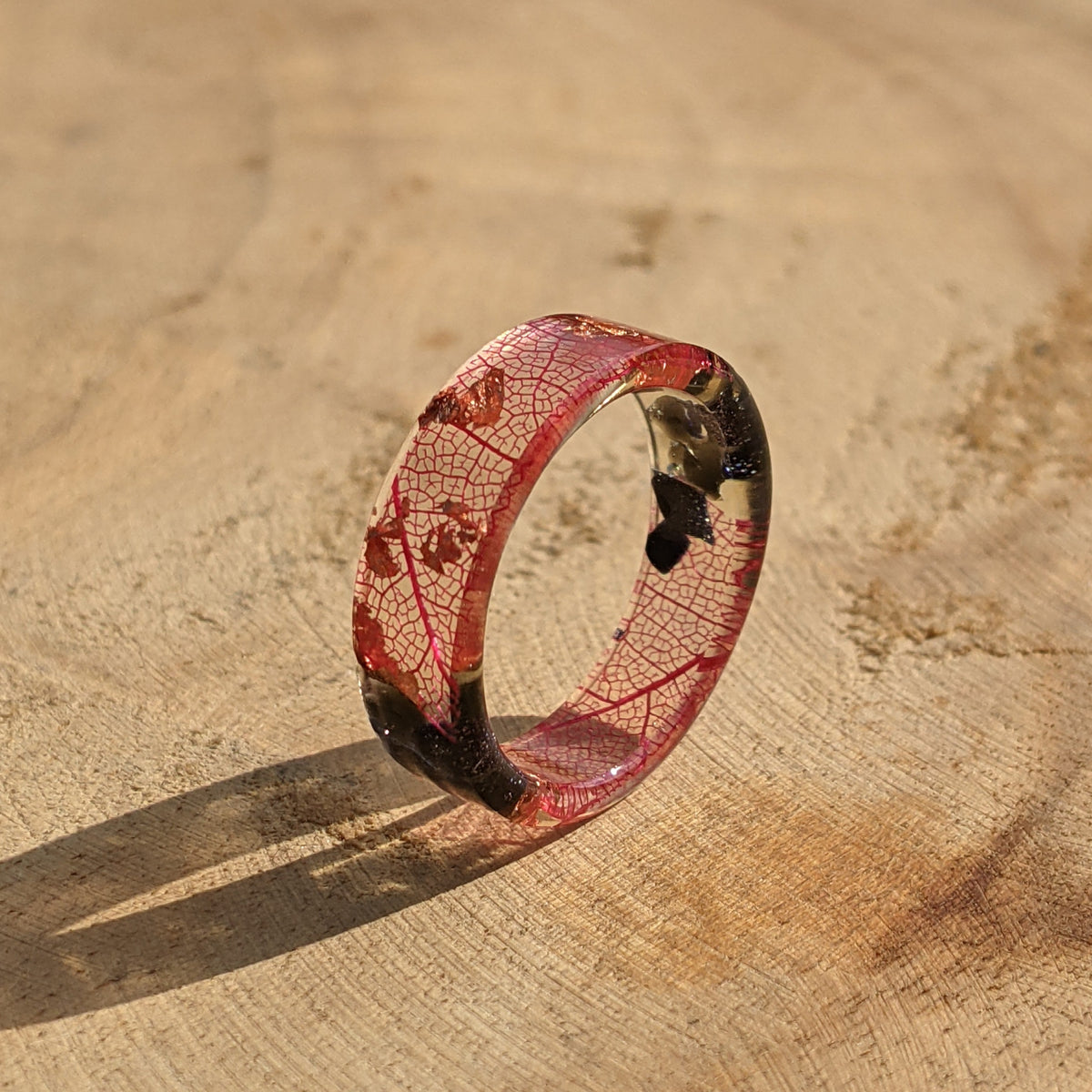 Blue Goldstone Red Skeleton Leaf Copper Resin Ring by EL-Creations