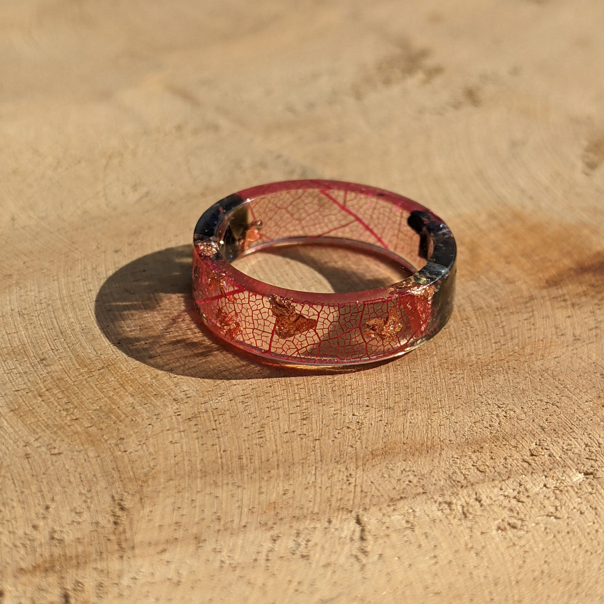 Handmade Blue Goldstone Resin Ring with Red Skeleton Leaf by EL-Creations