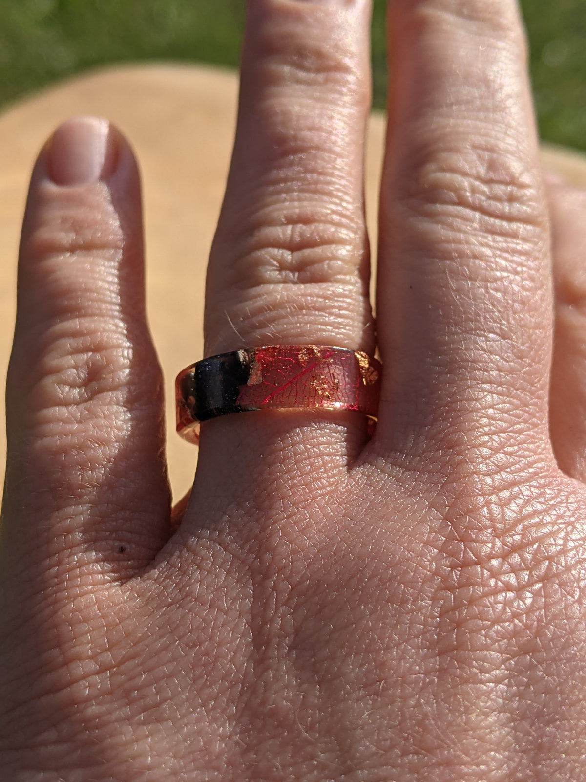 Artisan Blue Goldstone and Skeleton Leaf Resin Ring by EL-Creations
