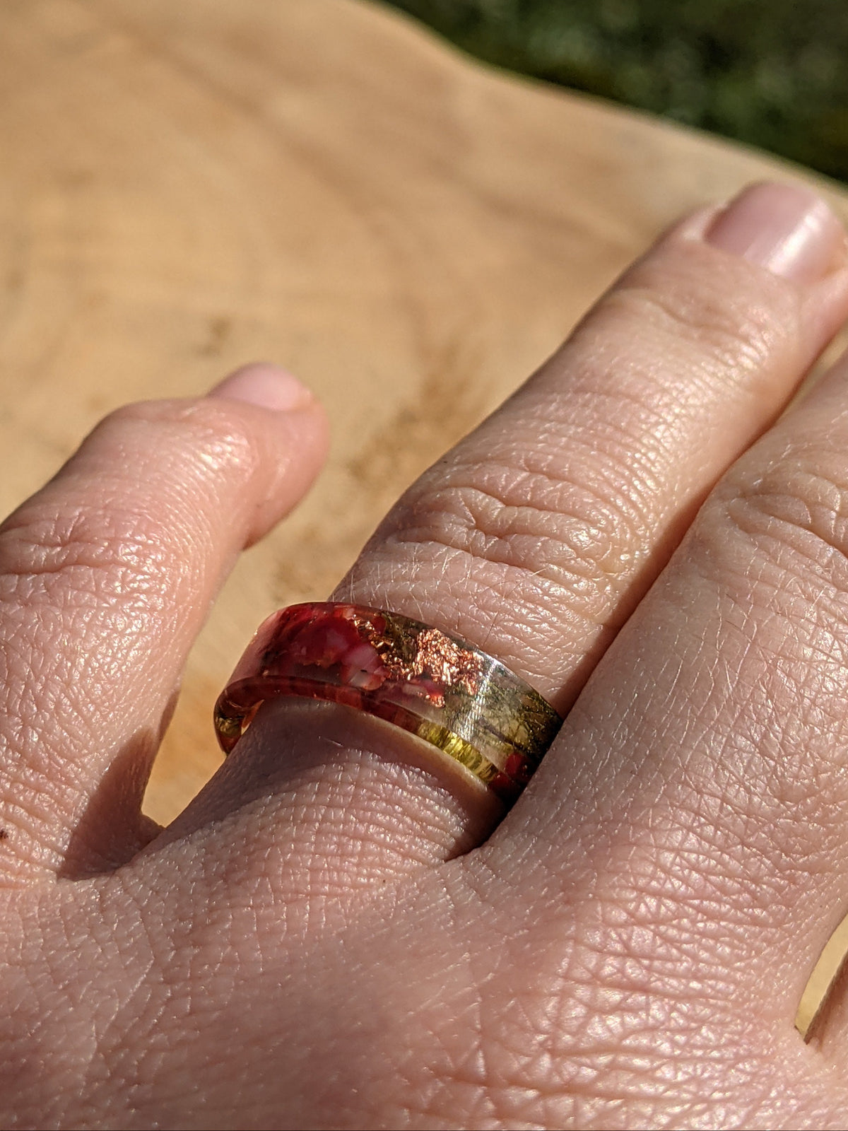 Handmade Red Coral Resin Ring with Forest Moss by EL-Creations