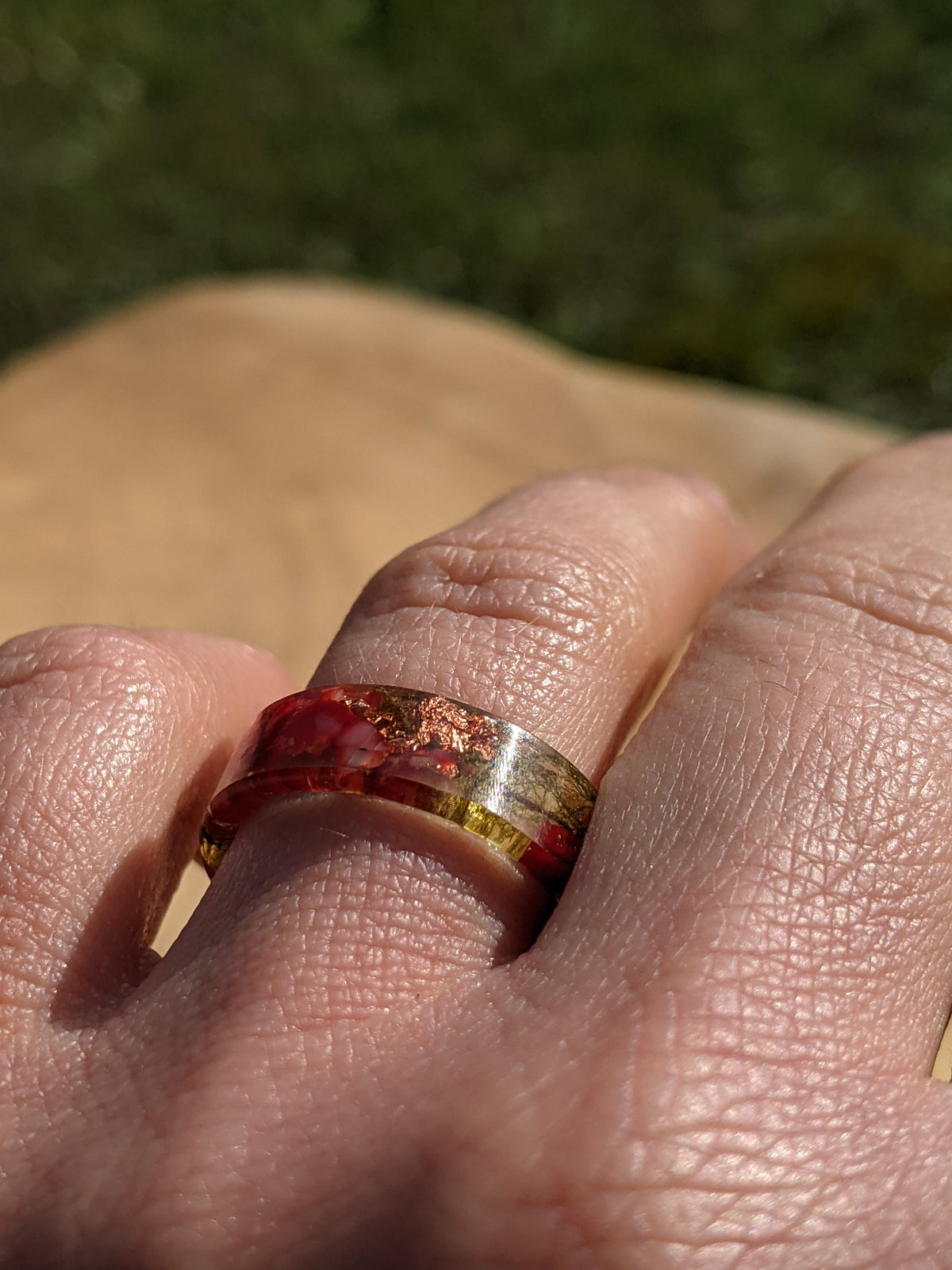 Botanical Resin Ring with Red Coral and Copper Flakes by EL-Creations