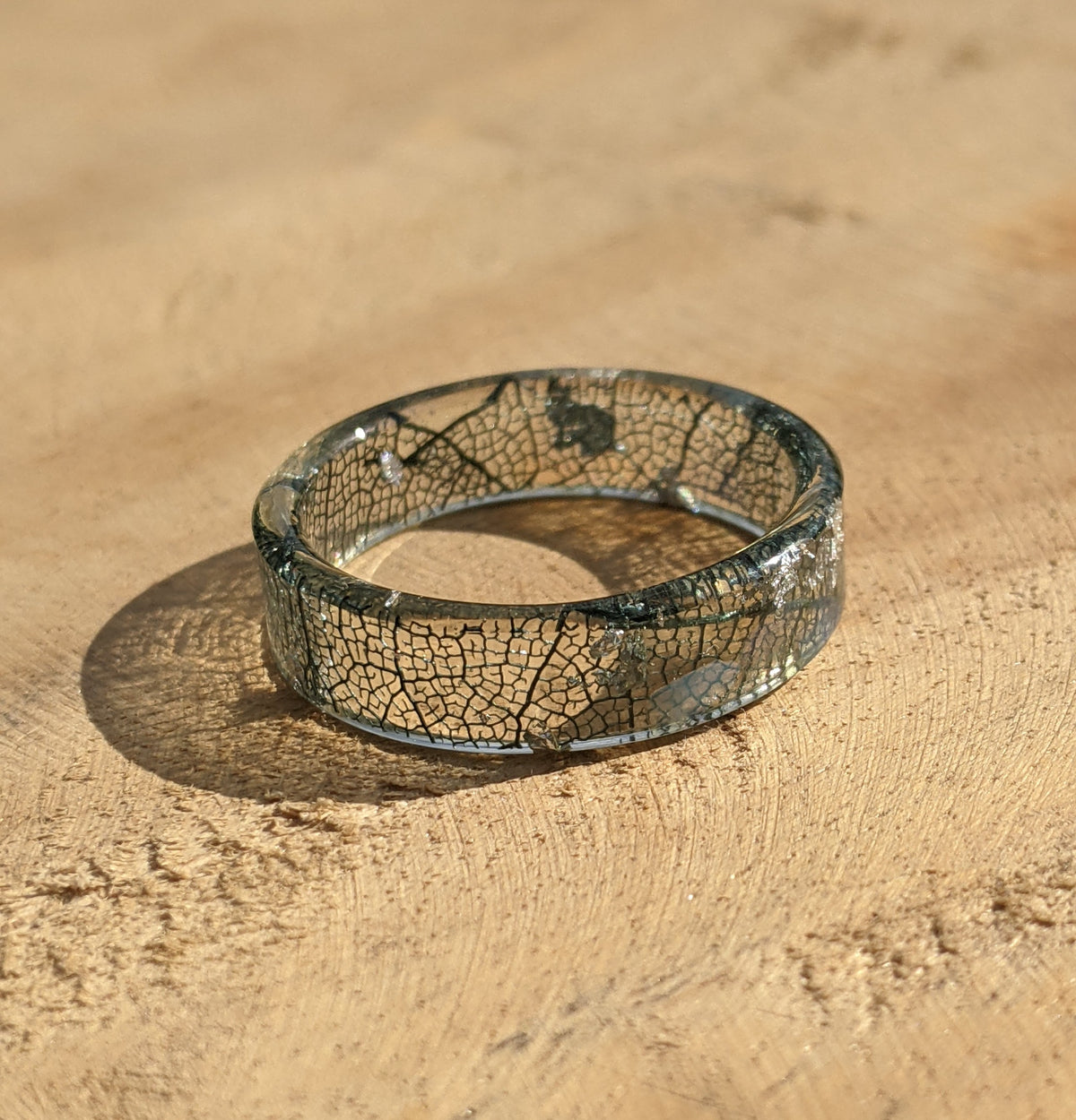 Handmade Gray Skeleton Leaf Resin Ring with Moonstone by EL-Creations