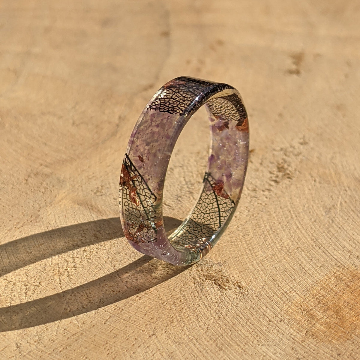 Handmade Amethyst Resin Ring with Black Skeleton Leaf by EL-Creations