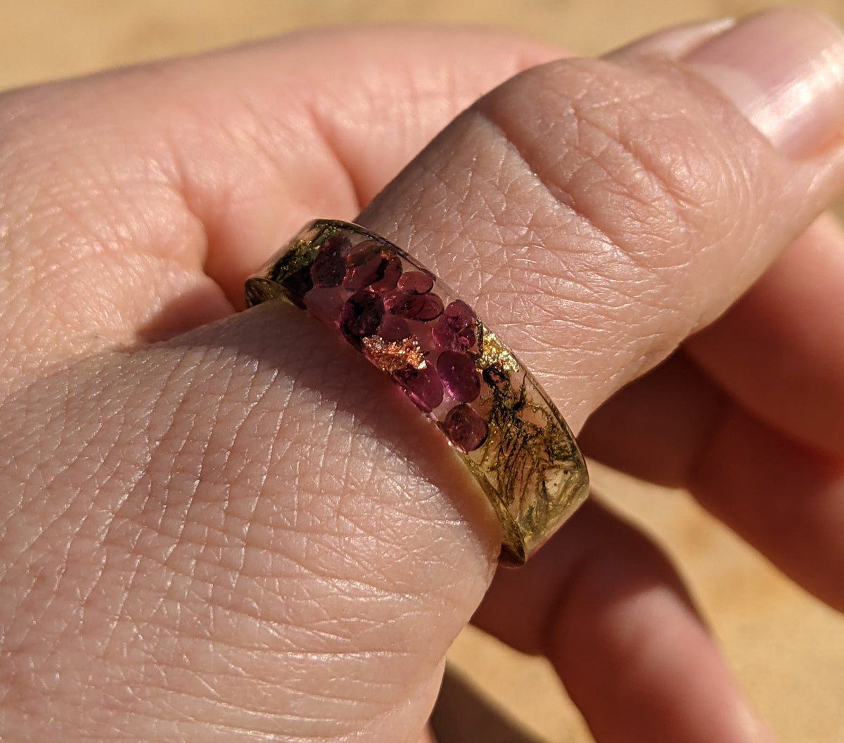 Artisan Moss and Garnet Resin Jewelry Ring by EL-Creations