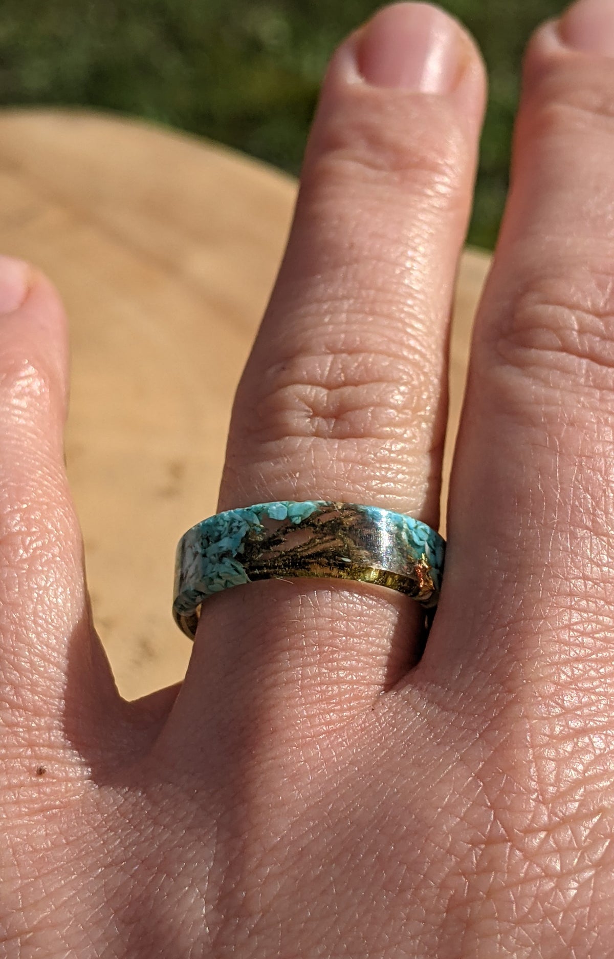 Real moss resin ring with turquoise finish and gold metallic flakes by EL-Creations