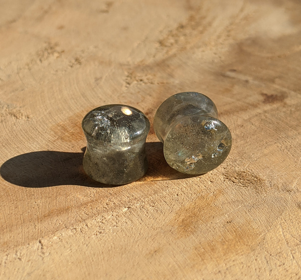 Natural gray moonstone ear plugs with silver flakes - EL-Creations