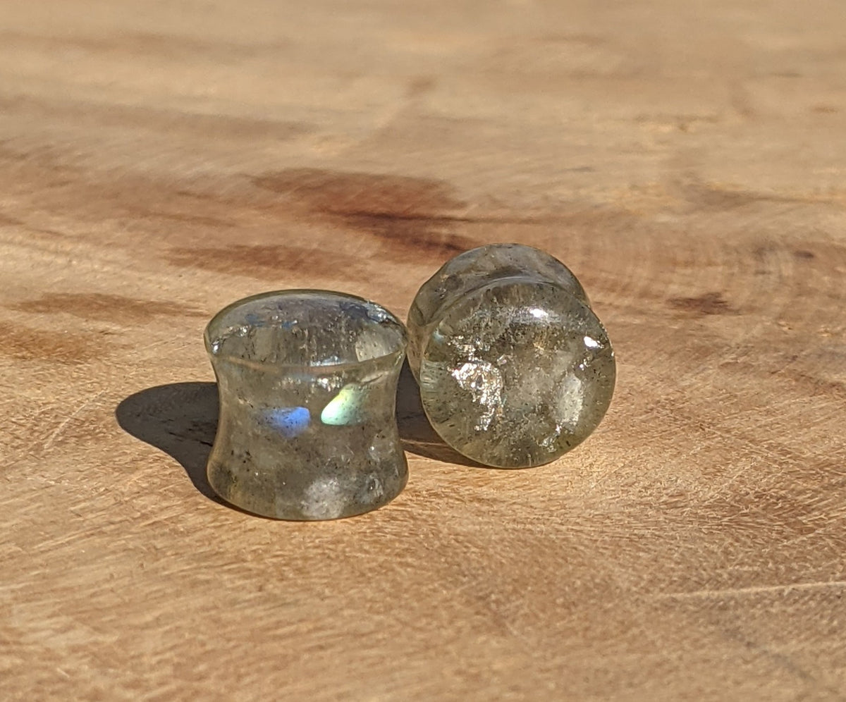 Crystal clear resin ear plugs with gray moonstone - EL-Creations