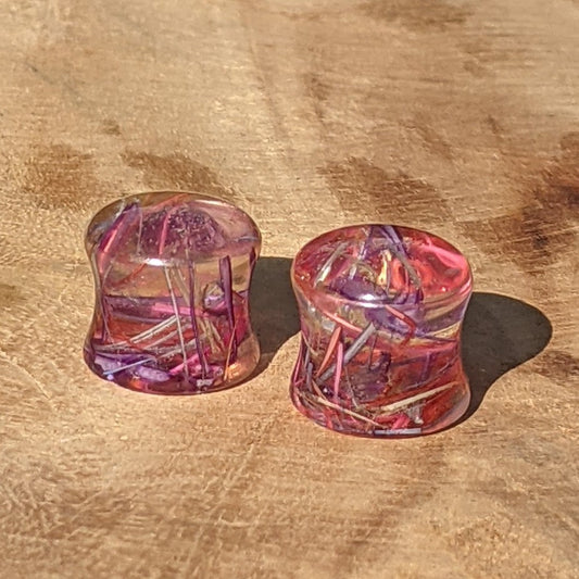 Rainbow feather resin ear plugs handmade colorful jewelry EL-Creations