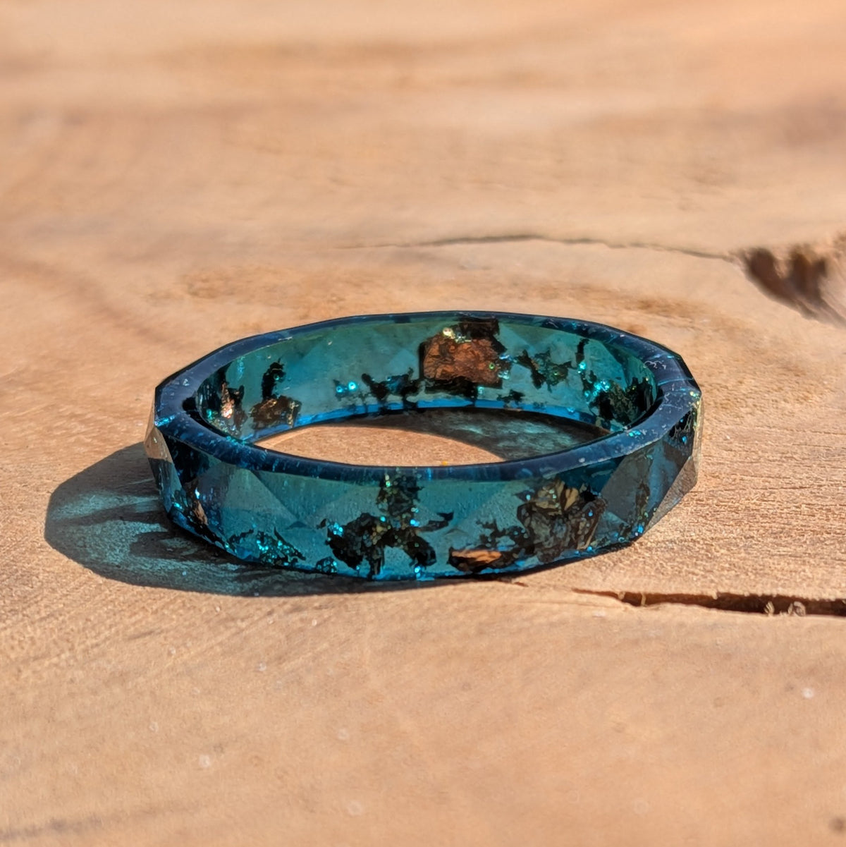 Contemporary blue resin ring with gold and silver accents by EL-Creations