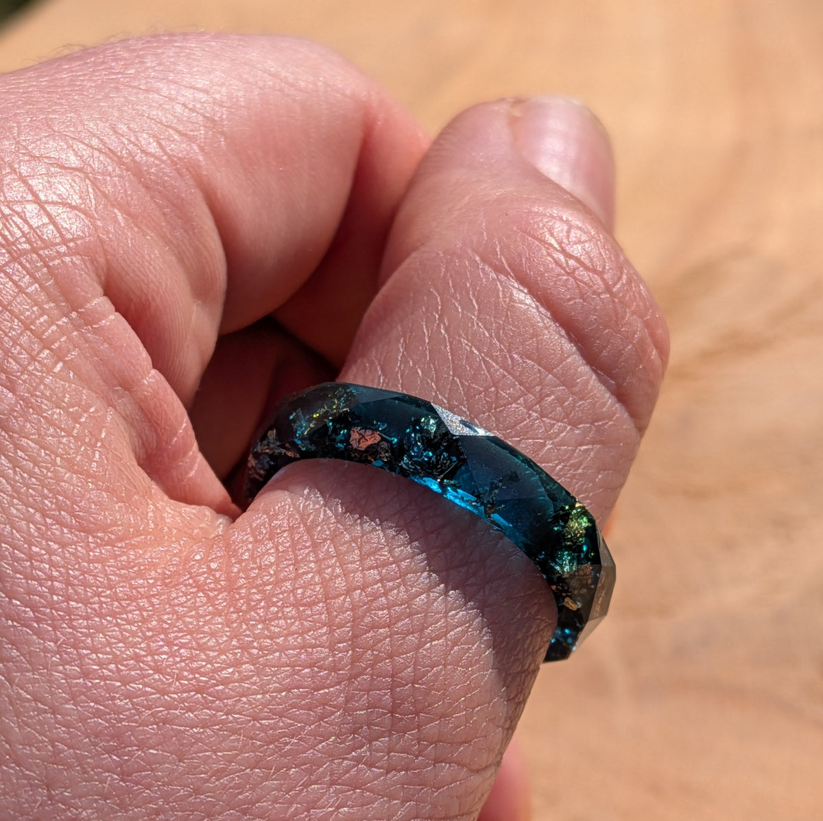 Artisan ocean resin ring handcrafted with metallic flakes by EL-Creations