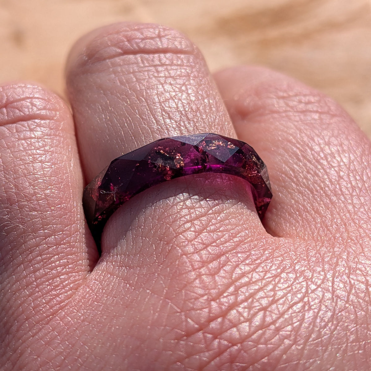 Bold purple resin statement ring with gold and copper flakes by EL-Creations
