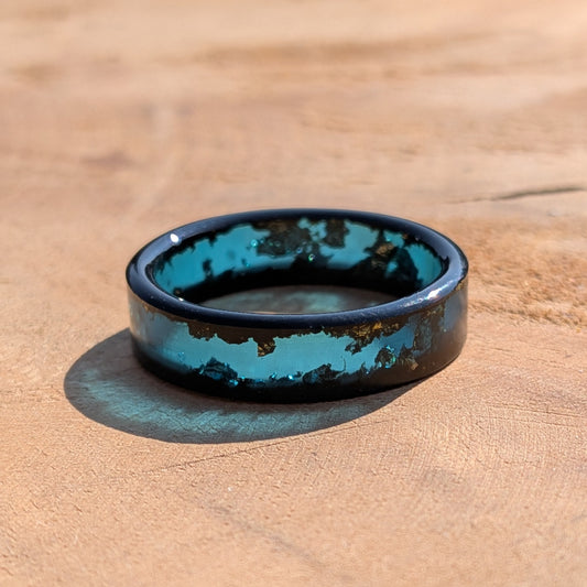 Handmade black and blue galaxy resin ring with metallic flakes by EL-Creations