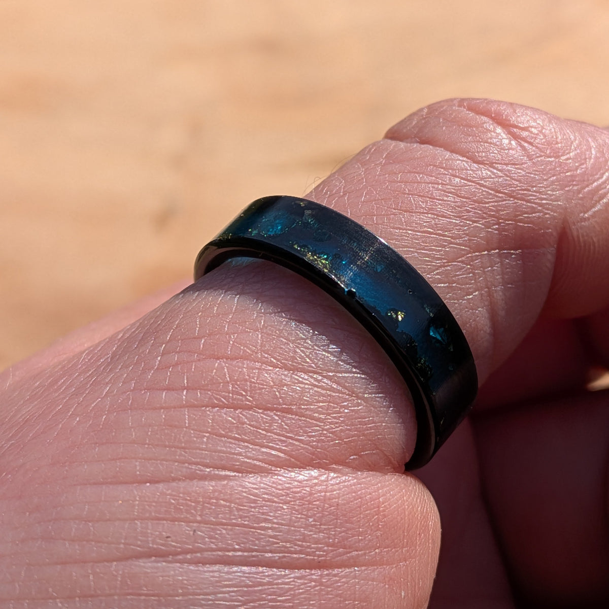 Artisan black blue resin ring with silver copper and gold flakes by EL-Creations