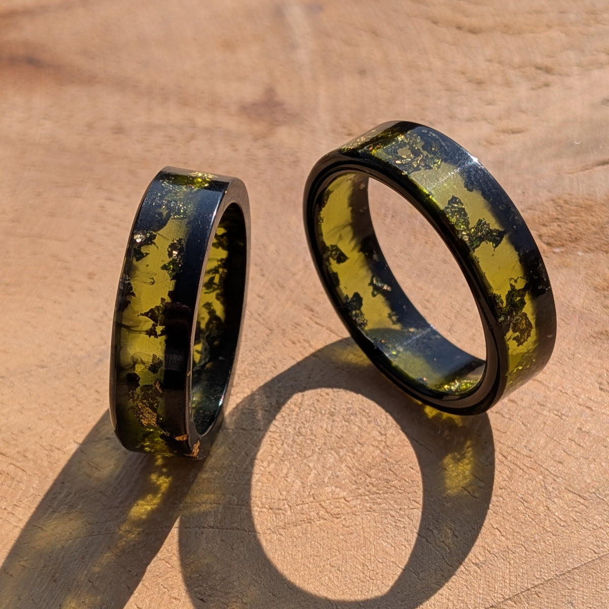Modern jade green resin jewelry with shimmering gold flakes by EL-Creations