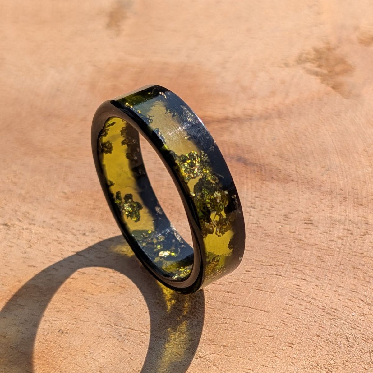 Glossy jade green statement resin ring with metallic gold flakes by EL-Creations